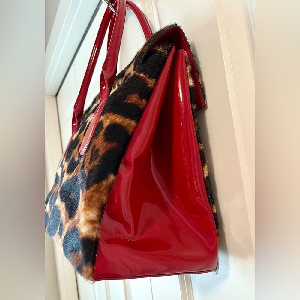 Vintage Leopard Calf Hair & Red Patent Accent Handbag